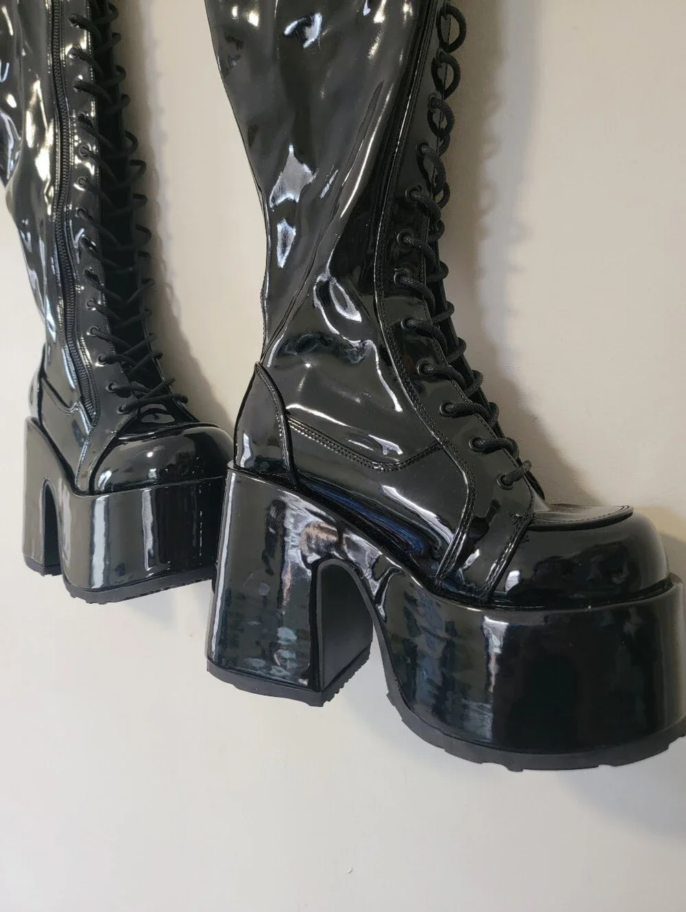 Demonia Camel 300wc High-Shine Black Patent Platform Knee-High Boots